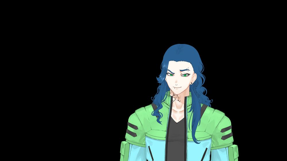 Lewry's Avatar visible from the waist up. It is a male figure with a white skin complexion, long wavy blue hair, blue eyebrows and emerald green eyes. He has 4 eyebrow piercings, 2 in each brow, a mix of rings and studs. He has black stud piercings in his ears,  a nose ring and a lip ring on the right side of his mouth. On the right side of his neck the ends of his black tattoo are visible looking like veins appearing on his skin. He is wearing a cropped jacket which is split in 2 colours. The top half covering his shoulders and pockets is a very pale shade of green with black accents and the lower half covering part of his chest and his arms is a pale shade of blue. Under this crop jacket he is wearing a plain black V neck top.

