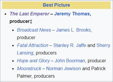 A list of the Best Picture Nominees for the 60th Academy Awards, from Wikipedia, the year The Princess Bride would have been eligible. At least two of those, Broadcast News and Fatal Attraction, are considered all-time classics, neither of which is the winner, The Last Emperor. Moonstruck seems fun! Hope and Glory is also here.