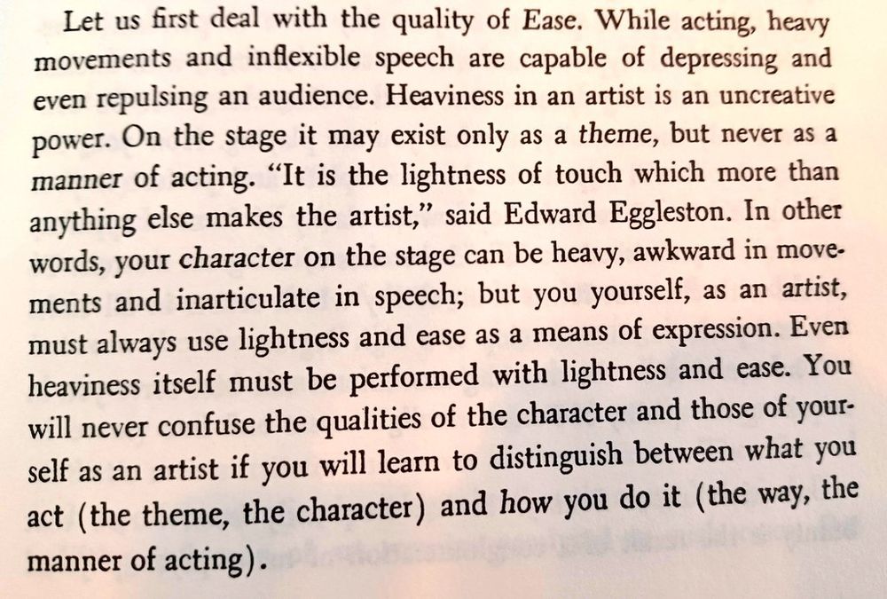 Excerpt from Michael Chekhov's To The Actor: On the Technique of Acting. This passage extols the quality of ease in movement and differentiates between thematic heaviness and heaviness as a manner of acting. 