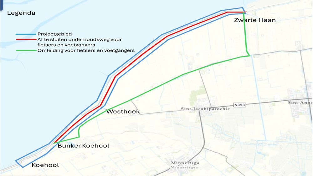 Op de kaart is het gedeelte van de dijk waar het waterschap aan de slag gaat met een blauwe lijn ingetekend. De rode lijn is de onderhoudsweg tussen Bunker Koehoal en Zwarte Haan die voor fietsers en voetgangers wordt afgesloten. De omleidingsweg is groen weergegeven.