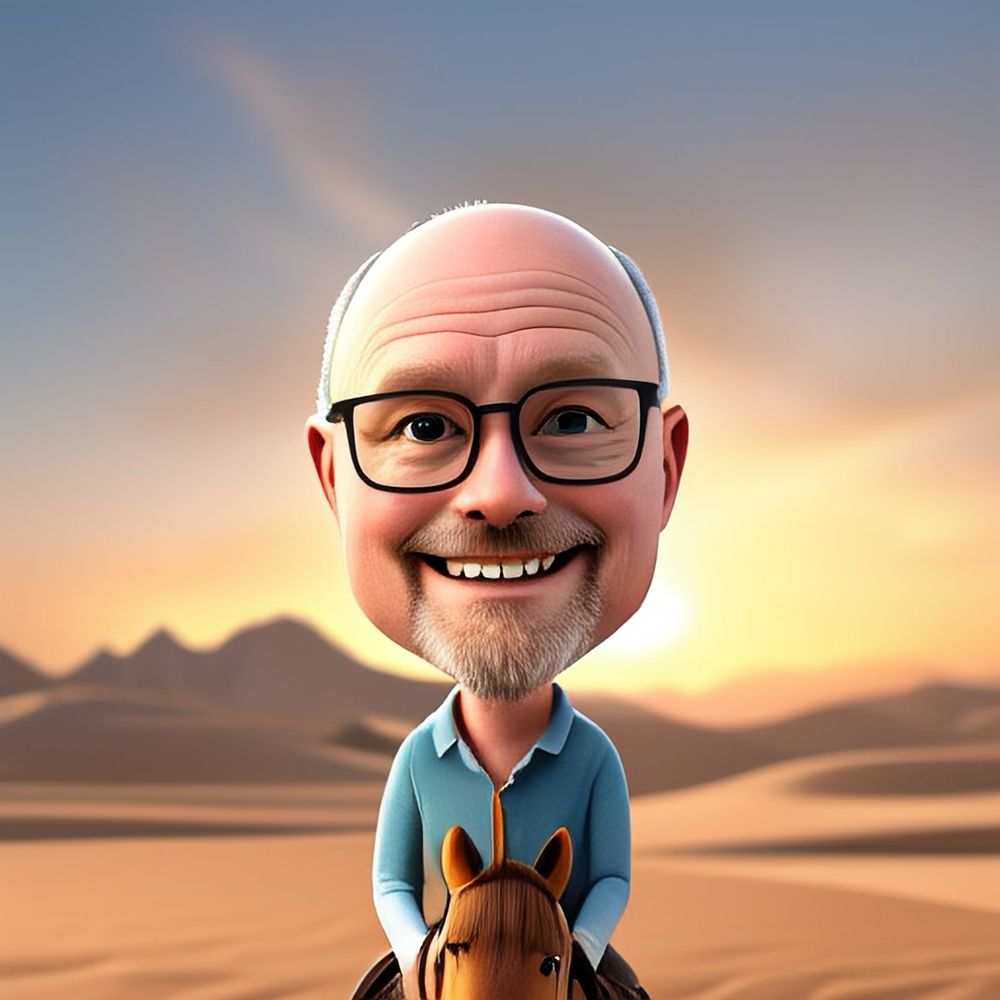 A vague likeness of myself, a balding 68 year old man in glasses, smiling while riding a very small cartoon horse through a slightly desert like environment