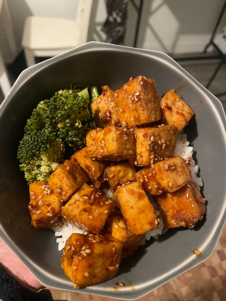 Grey bowl filled with white rice, steamed broccoli, and sexy sesame tofu.