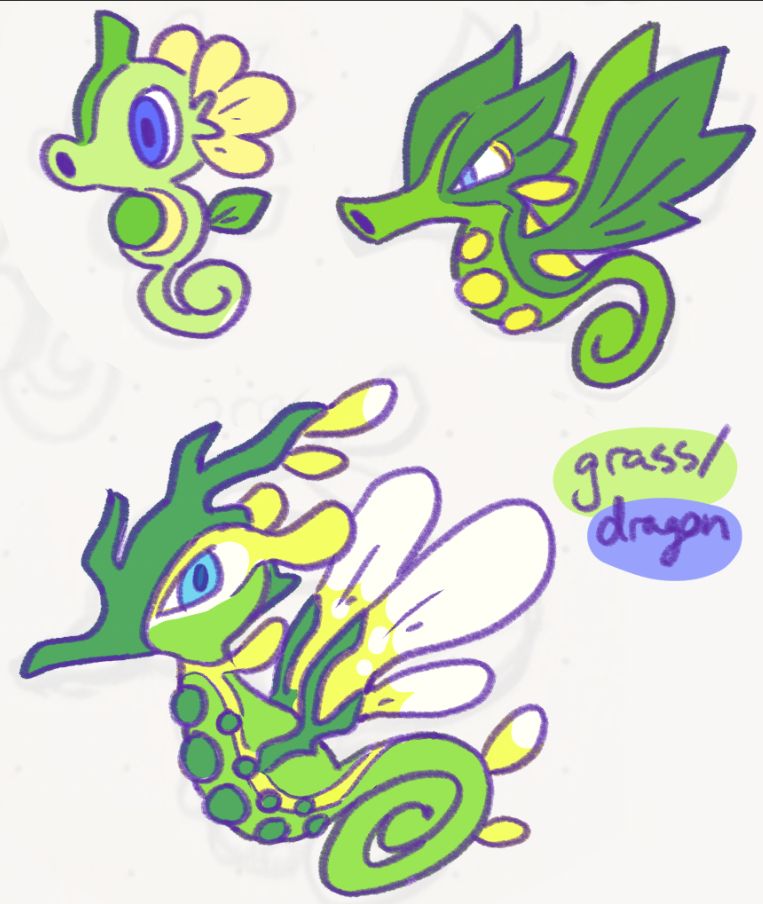 grass and grass/dragon regional variant designs of the pokemon Horsea, Seadra, and Kingdra. they're based on leafy sea dragons.