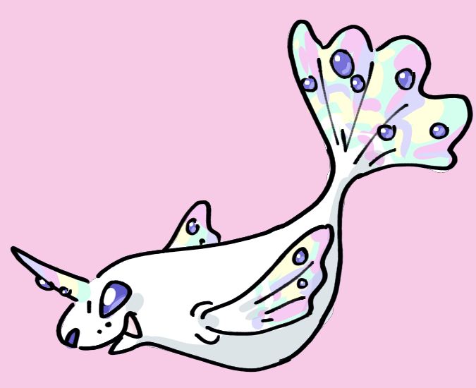 a fake evolution of the pokemon Dewgong, called Sirenade (ice/water). it has pearlescent rainbow coloration in its ribbony hand and tail fins. it has large tusks, and a long unicorn type horn. the pearlescent areas have dewdrops on them.