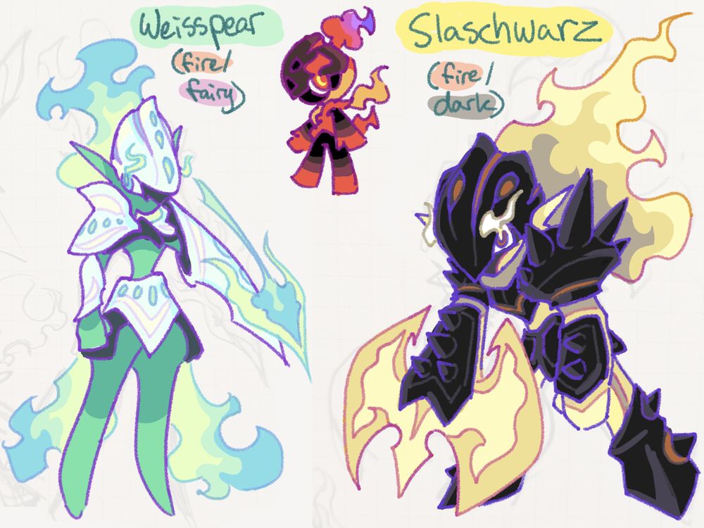 a set of regional evos for the pokemon Charcadet.
Weisspear (fire/fairy type) is shades of chartreuse green to teal in its body and fire, and has pearlescent, rounded armor. its right arm has a large pauldron, while on the left is a large pointed sleeve. on top is a spear made of fire. the design has a jet of fire behind each leg. the jets and legs, plus the armored spear arm, are meant to evoke jousting.
Slashwarz is a muted gold color in its body and fire, and has obsidian black, angular armor. its right arm's fist forms into a large battle axe, and its left pauldron has a row of large spikes. there are more spikes along other parts of the armor as well. it has a large bundle of fire billowing from its back, meant to evoke wild hair or a cape.