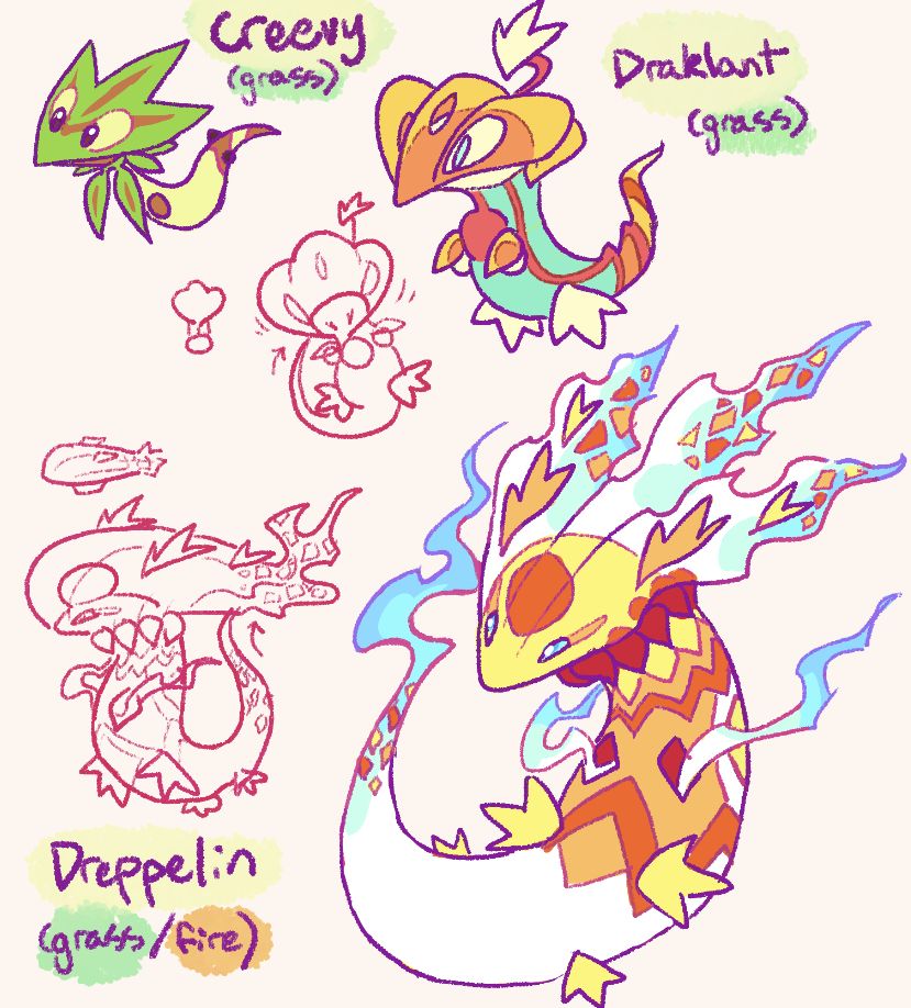 a convergent variant of the dreepy pokemon line. they are the grass starters, with the final gaining fire type.
Creevy is convergent of Dreepy. it has a leaf mask, with its body resembling a vine.
Draklant is convergent of Drakloak. it has a partially transparent mask and motif which resembles the chinese lantern fruit. it inflates its mask like a hot air balloon.
Dreppelin is convergent of Dragapult. its body is brightly colored and patterned, with wispy fire. it can inflate its transparent mask to resemble a zeppelin or airship.