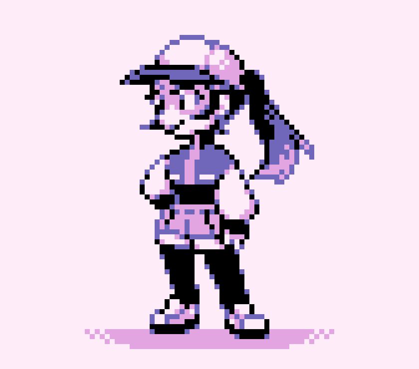 retro style pixel art of myself. i have a long ponytail, a baseball cap, a crop jacket, shorts, and a dark undershirt and leggings.