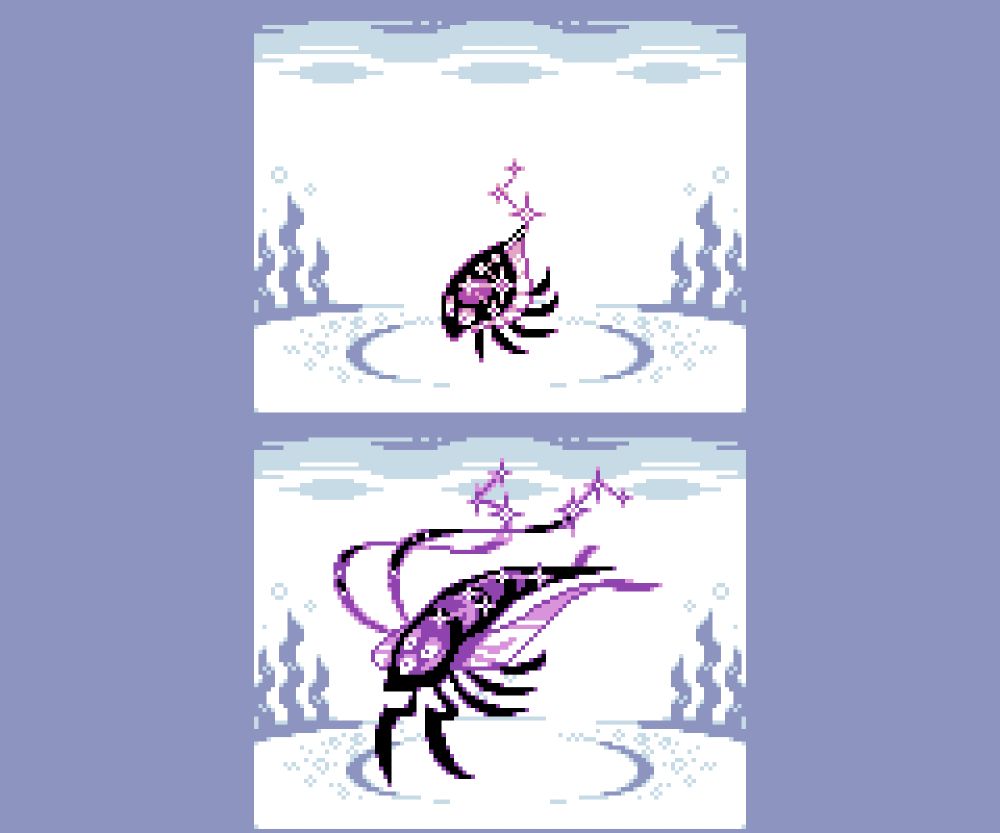 retro pokemon sprites of two marine arthropods. they are generally based on space ships, consetllations, and astrology.
first is a waptia or isoxys. it has a black body  with pointed nose and butt. it has a skirt of light, transparent shell along the outside edge, and many thin legs showing through it. its shell has a sparkly star pattern with connecting lines, like how asterisms and constellations are  drawn. it has a trail of these coming off of the butt, drifting upward.
second is a marrella. its black body has semitransparent sections along it, elongated compared to the prevo. its front legs have become scythelike. the transparent sections still go down the length of the body, but are only connected at the front, and trail along the sides. it has three eyes. it has two long, trailing antennae, with the same asterism patterning as along its body.