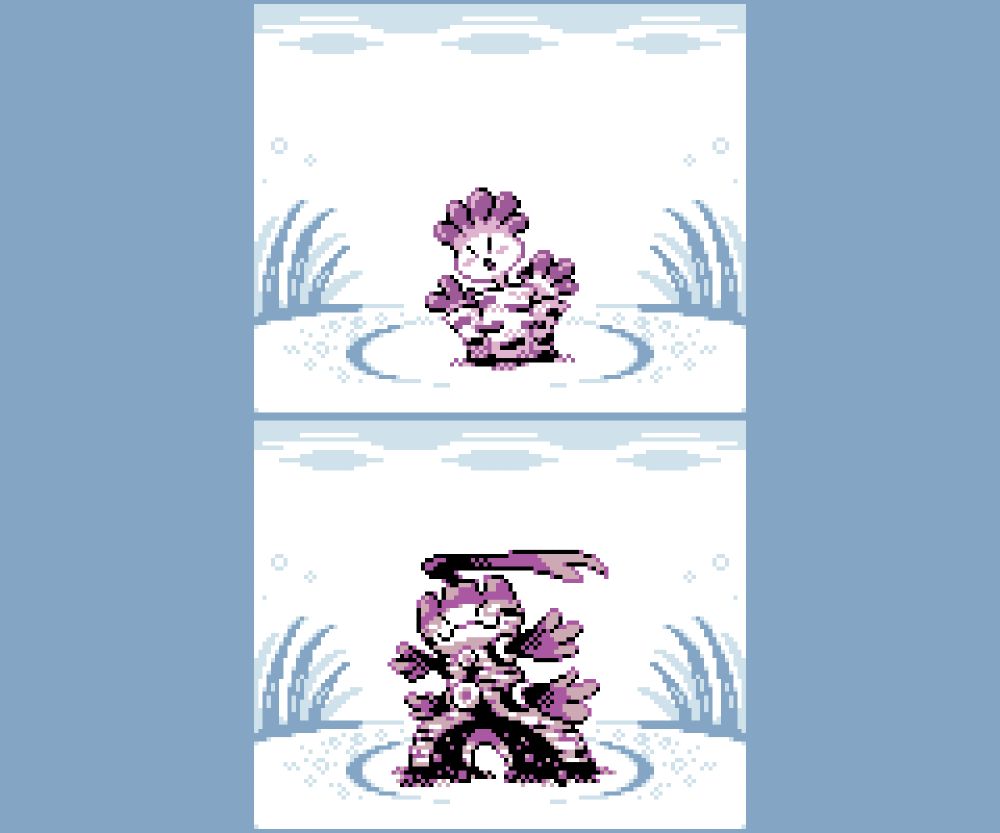 retro pokemon sprites of two corals. they're based on various types of corals, such as rugosa and tabulate coral.
first design is a head on a thin neck, peering outside of a tube. the tube has squared striping which resembles bricks. its head has rounded tentacles in a hair shape on its head. there are two tubes behind the main one with these tentacles sticking out, implying other heads hiding within.
second is now a superficially humanoid shape, but is still a colony. its body has a more complex brick pattern. there are two large legs forming from a split of the main body. it has two sets of 'limbs' which are bundles of tentacles, akin to the hidden extra bodies in the prevo. the main, central head has a crenellated shape on top, with an extra long tentacle billowing from the top like a flag.