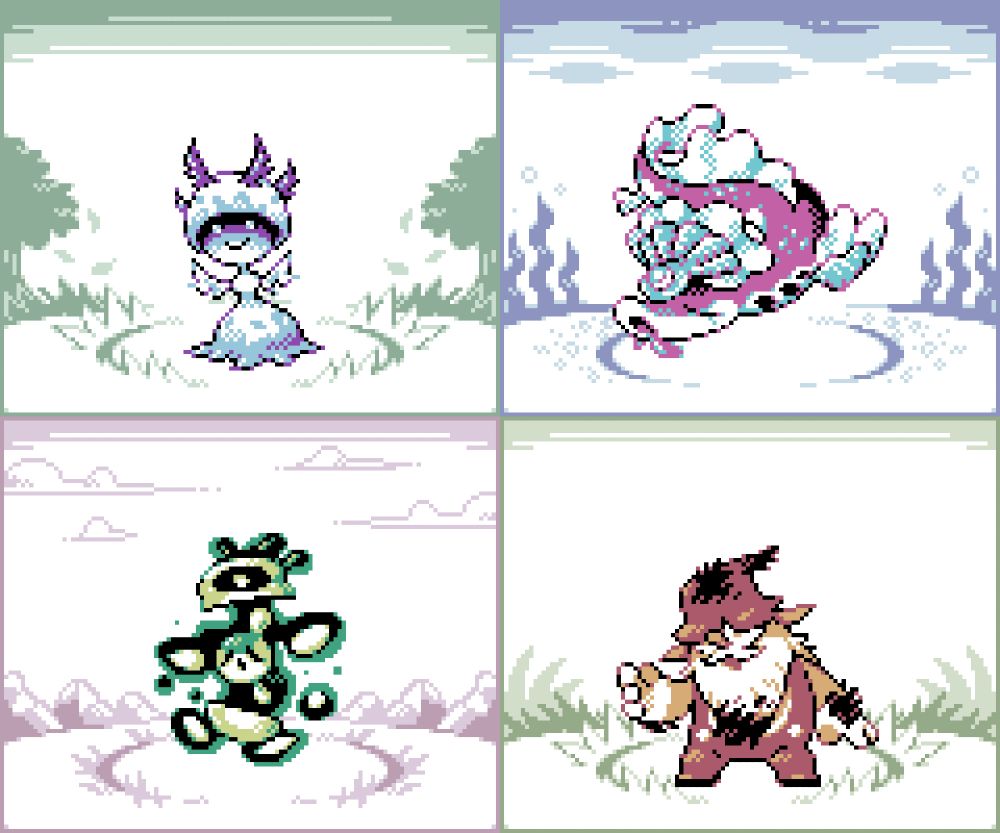 shiny palette colors.
hemonita goes from lavender and magenta to light blue and indigo.
dormprey goes from gold and purple to cyan and hot pink.
mystinoll goes from lilac and dark red to line green and jade green.
guardenome goes from chartreuse green and brown to orange and reddish brown.