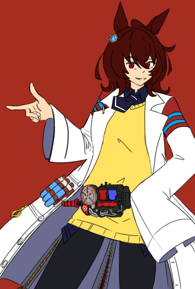 Fanart of the character "Agnes Tachyon" from the "Uma Musume" series, wearing a Build Driver and doing the Kamen Rider Build pose.