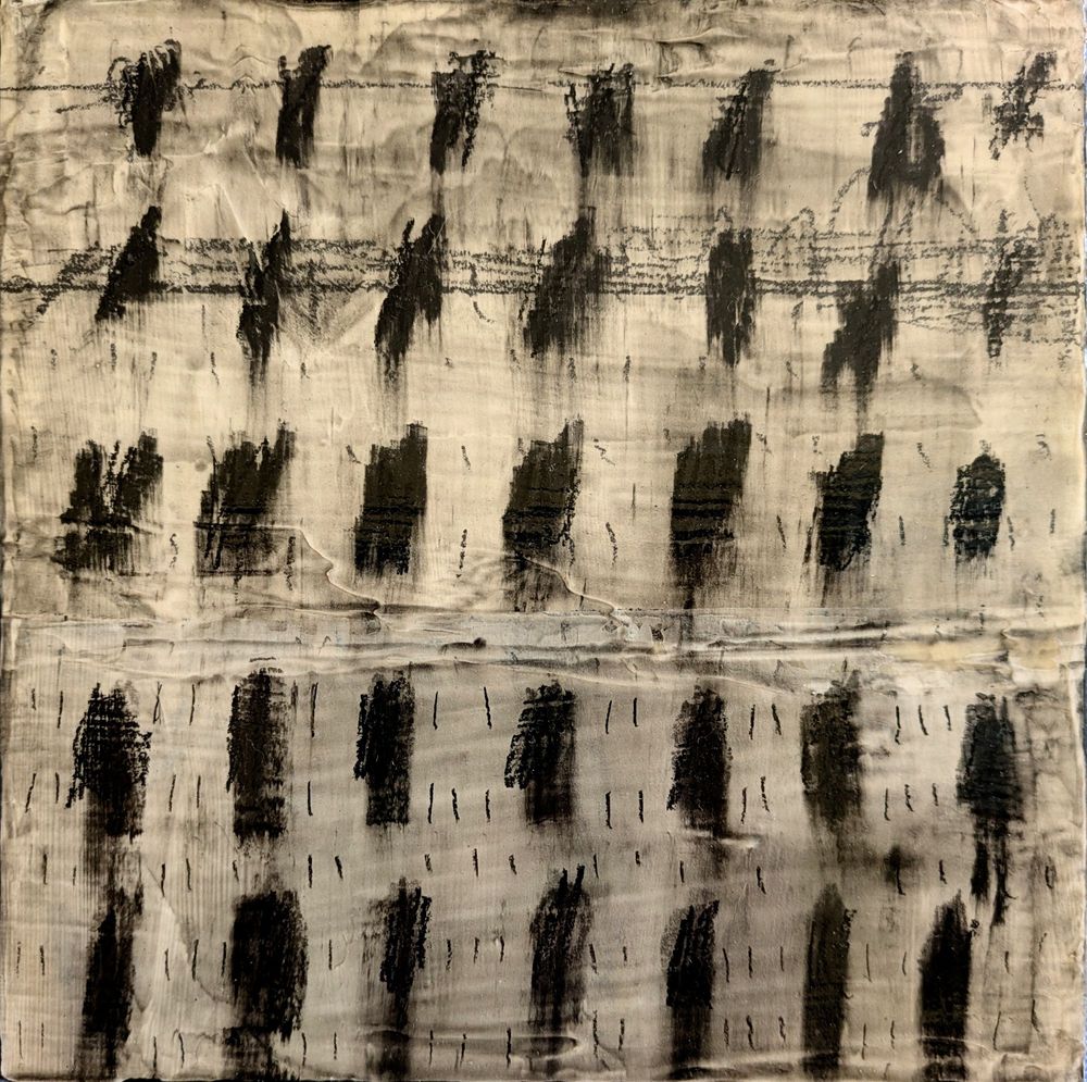 A 6x6 inch piece of art in which charcoal and graphite have been marked on a surface coated in plaster. Vertical lines of varying thicknesses are made and then sealed in on a cradled wooden panel.