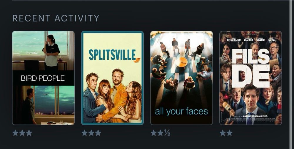 Derniers films vus sur Letterboxd 
Bird People ***
SPLITSVILLE ***
all your faces **1/2 
Fils de **