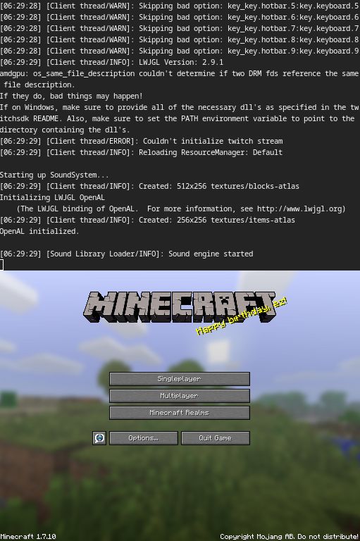 minecraft 1.7.10 title screen, with its log window directly above