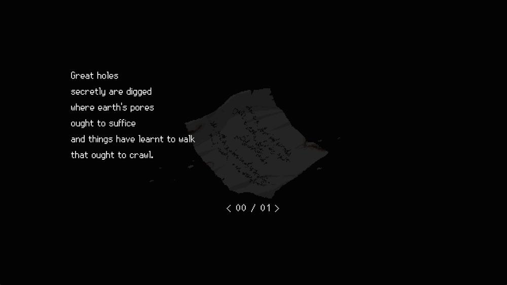 Screenshot of the "great holes secretly are digged" note from the video game Signalis