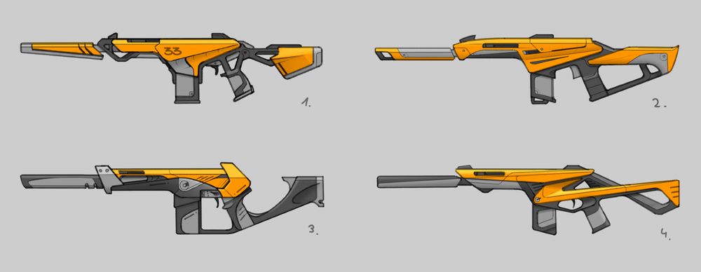 Four weapon design thumbnails, all based on a silenced rifle.