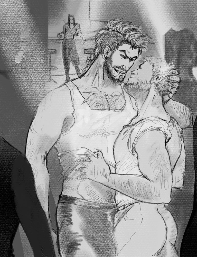 In a club scene, two handsome men are in the middle of the crowd getting handsy. Connor, the mad dog, is gripping and unnamed guy by the hair, whilst the other man is riding up Connor's top. In the background, another character is by the bar looking at the couple, a little frustrated. 