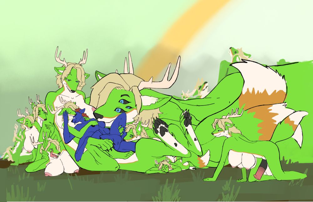 Tazel the Bluevoop cuddling Pancakes the Wolf, and all of hir clones spreading out into the countryside, all of varying sizes and quantities of limbs