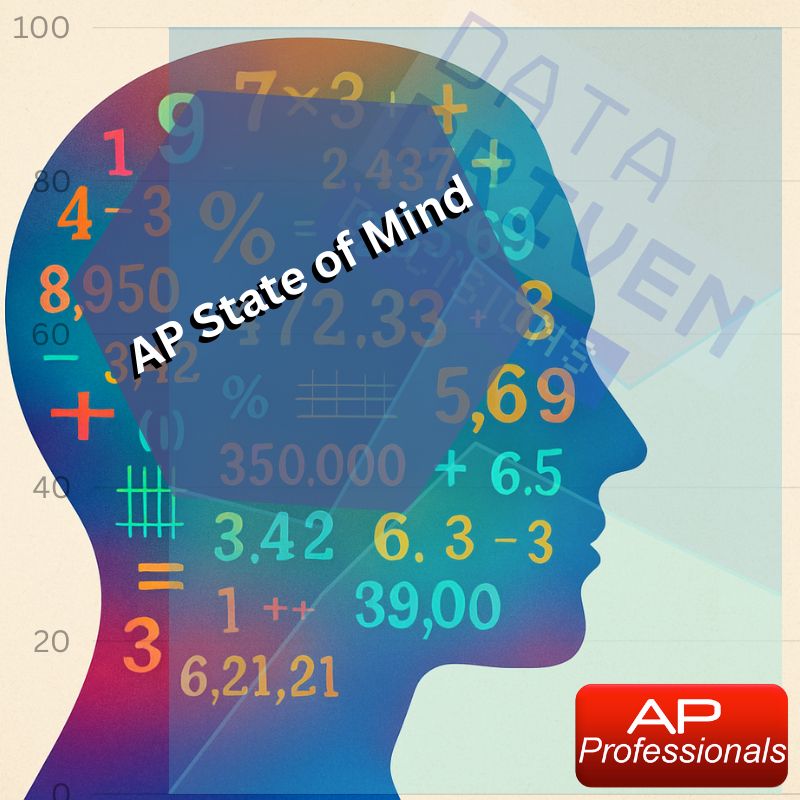 Silhouette of a persons head in profile with numbers being calculated and a though bubble that says "AP State of Mind".