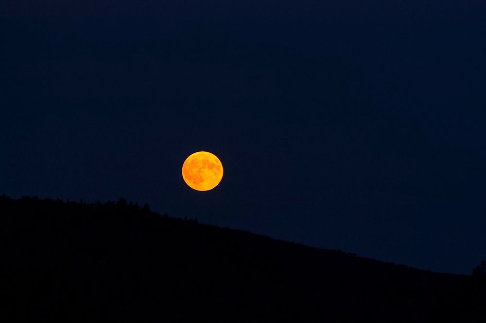 A photo of yesterday's supermoon/harvest moon shortly after rising over a mountain in the early evening. The mountain, at the bottom of the frame, is dark, and the sky behind it is a deep blue.