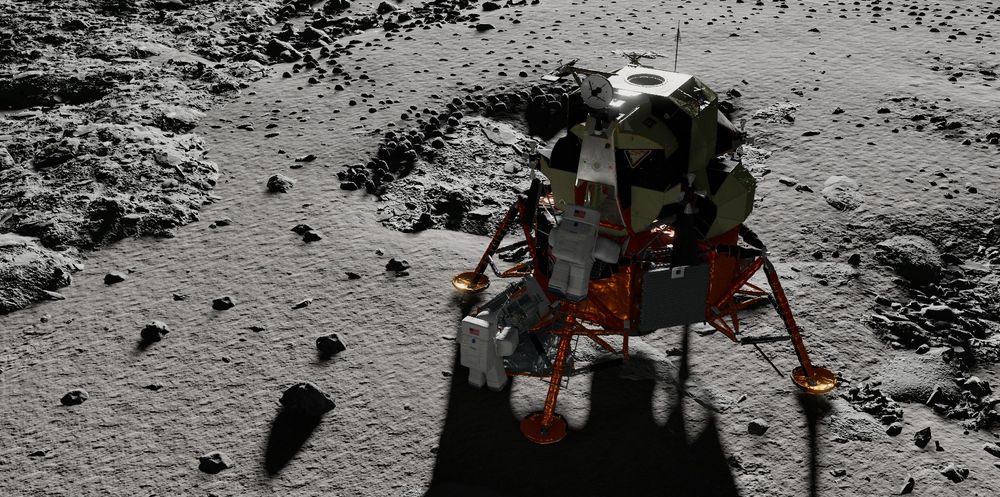 Roblox image of the Apollo Lunar Module on the surface of the moon, scattered boulders and pebbles nearby. One astronaut is climbing down the Lunar Module's ladder, the other is standing to the side, retrieving an experiment