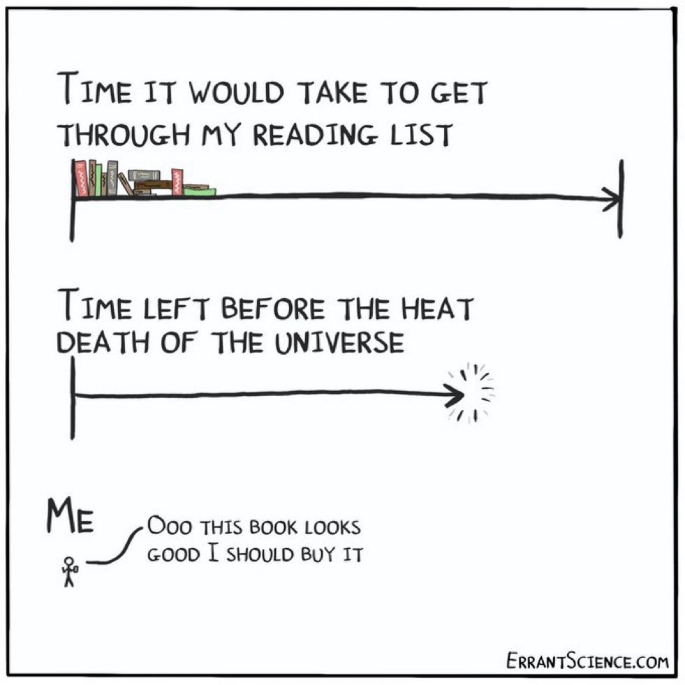 Cartoon:

TIME IT WOULD TAKE TO GET THROUGH MY READING LIST
[long graph line]

TIME LEFT BEFORE THE HEAT DEATH OF THE UNIVERSE
[slightly shorter graph line] 

ME
[tiny stick figure]
OOO THIS BOOK LOOKS GOOD I SHOULD BUY IT