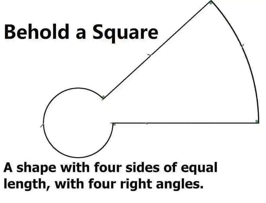 Behold a Square

[Image shows a single line in a traditional ‘keyhole’ (or perhaps angel) shape: flaring out from a round top.]

A shape with four sides of equal length, with four right angles.