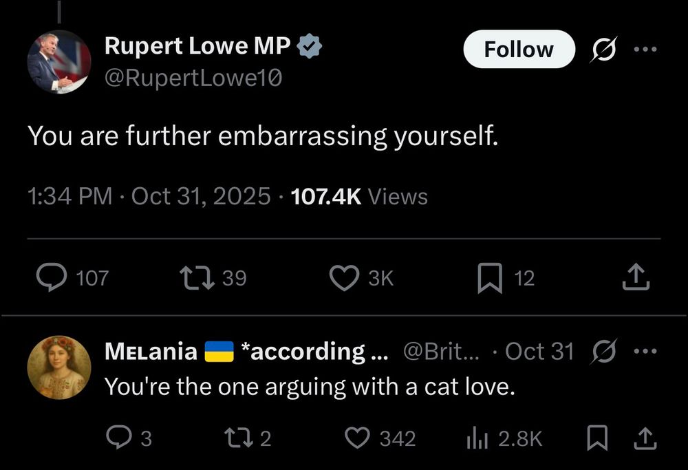 Rupert Lowe MP.
@RupertLowe10
You are further embarrassing yourself.

MElania
|*according... @Brit... • Oct31 
You're the one arguing with a cat love.