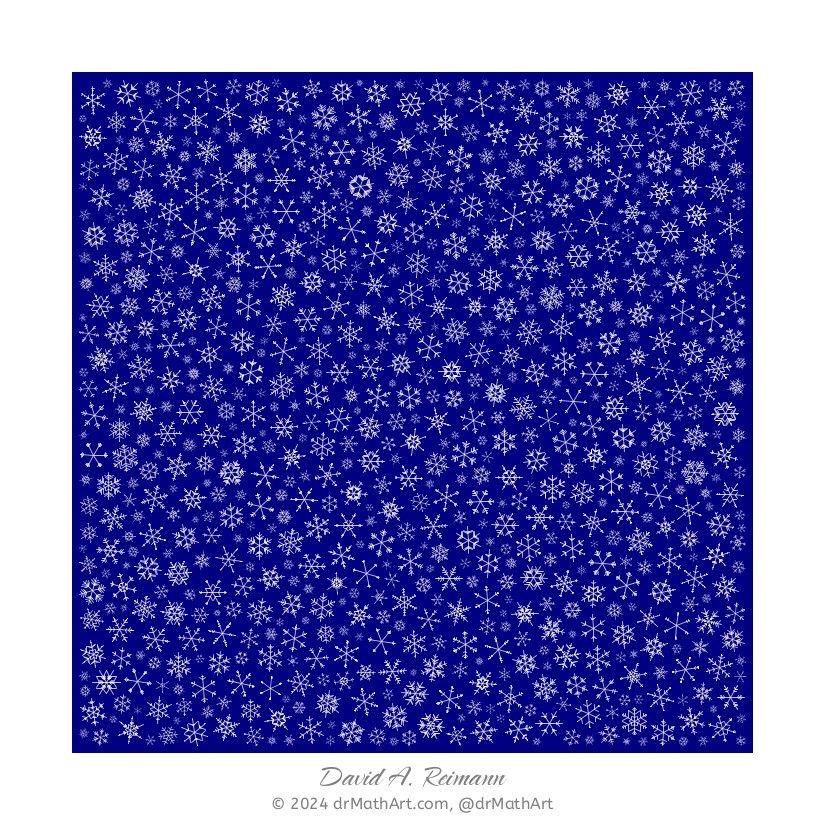 A flurry of snowflakes swirl in this homage to winter. Each snowflake is created using a random process and are packed within the image using a bespoke packing algorithm so that no snowflake intersects another.
