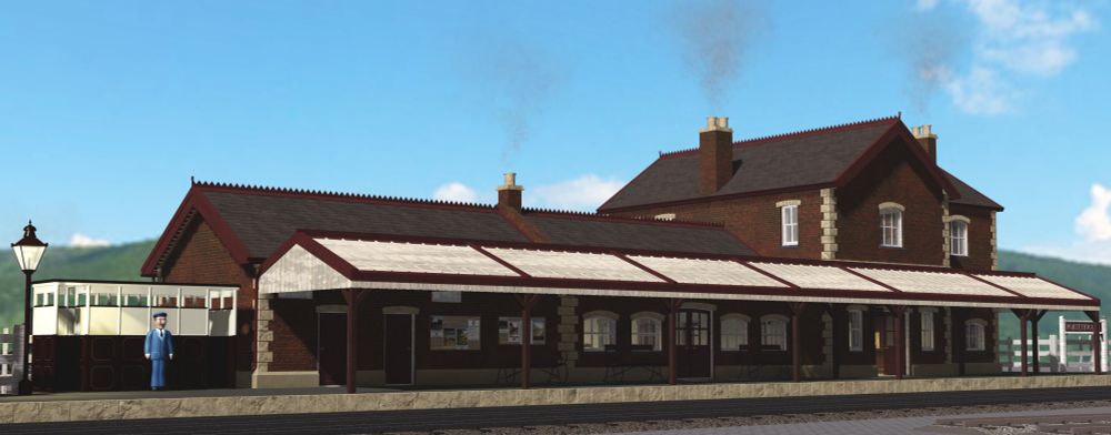 A red brick station building with a platform Canopy.
Left to right, urinals, toilet block, waiting room, booking office/management offices/station master's office