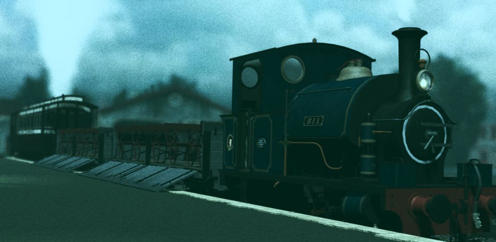 L&P No.3 'BIA' at Portethwaite station with a small trial train of the ex-WDLR wagons being used for passenger carriage. 
Two of the converted wagons sit between the locomotive and one of the original Brake carriages.

The WDLR wagons would only be through braked and existed to bolster passenger trains rather than replace them.