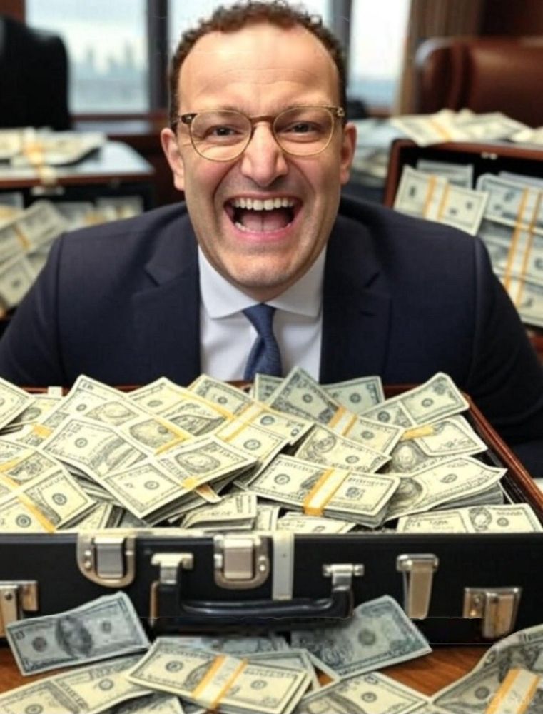Spahn lacht vor einem Koffer mit Geld