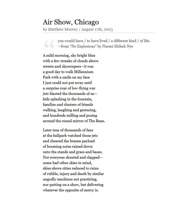 Screenshot of the poem "Air Show, Chicago" by Matthew Murrey. Full text of the poem is at the link given in the post.