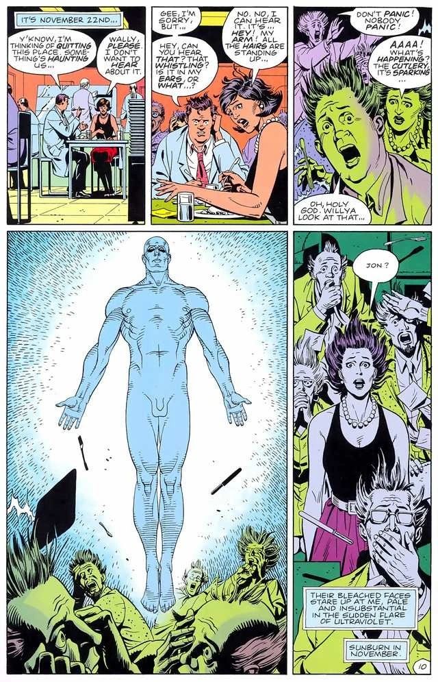 Page from comic book The Watchmen showing the first appearance of Dr. Manhattan on November 22nd as a bright blue man who gives off ultraviolet radiation. The comic ends with "Sunburn in November."