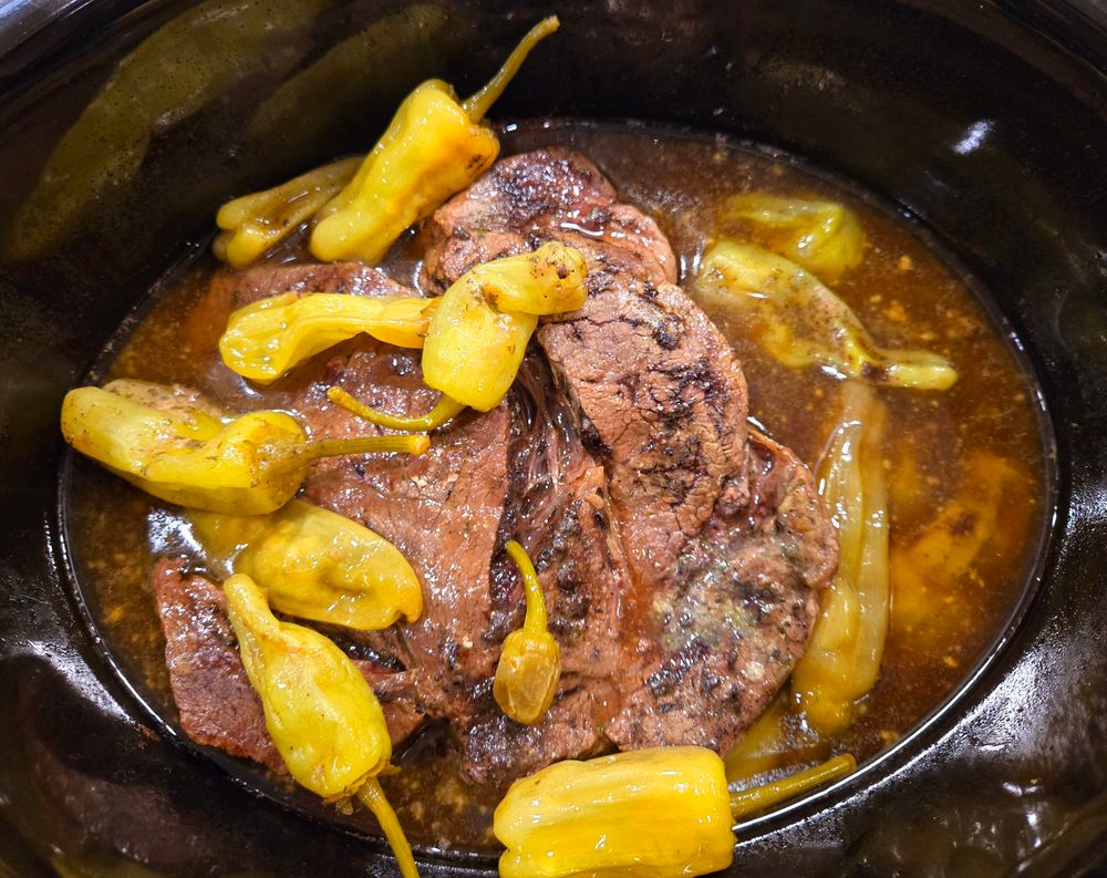 Mississippi Pot Roast, finished, in a slow cooker.
