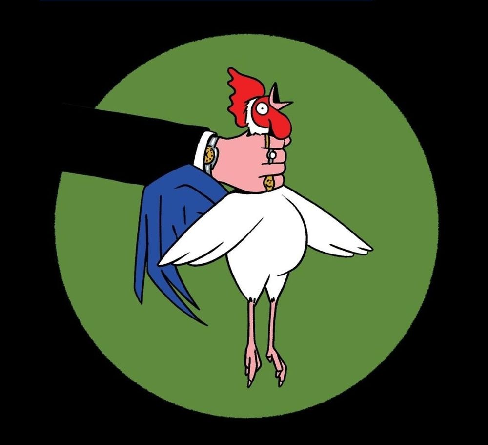 Illustration de l'article du Financial Times, on y voit un bras vêtu d'un costume noir, d'une montre dorée et des 3 bagues tenir un coq bleu blanc rouge par le cou en l'étranglant