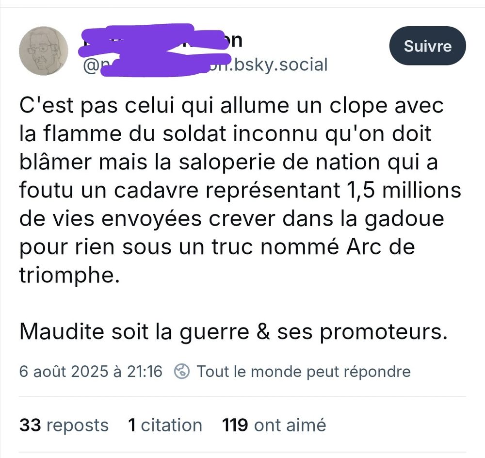 Post d'un "pacifiste" : "c'est pas celui qui allume sa clope avec la flamme du soldat inconnu qu'on doit blâmer mais la saloperie de nation qui a foutu un cadavre représentant 1,5 millions de vies envoyées crever dans la gadoue pour rien sous un truc nommé Arc de Triomphe. 
Maudite soit la guerre et ses promoteurs"