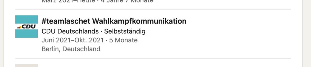 Screenshot LinkedIn Biographie Tanit Koch:

"#teamlaschet Wahlkampfkommunikation
CDU Deutschlands
Juni 2021 - Okt. 2021 • 5 Monate"