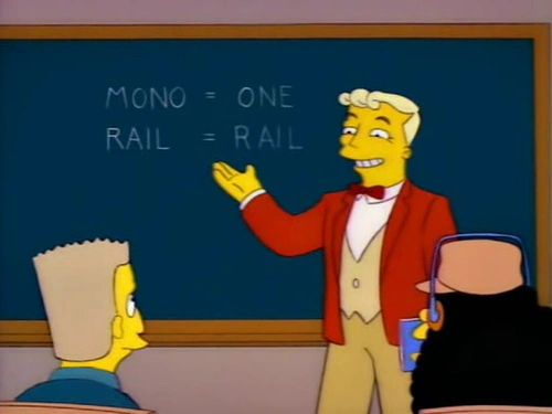 Bild der Simpsons-Figur Lyle Langley, die nach Springfield kam, um der Stadt eine Einschienenbahn aufzuschwatzen.
Auf der Tafel hinten ihr steht "MONO = ONE, RAIL = RAIL".