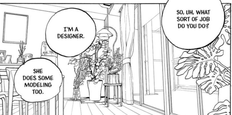 a panel of a living/dining room showing no characters, but rather some houseplants, including a monstera