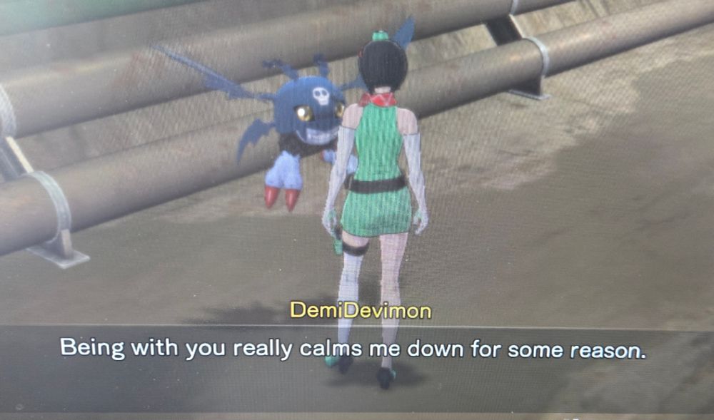 Screenshot of Digimon Story Time Stranger showing DemiDevimon saying "Being with you really calms me down for some reason."