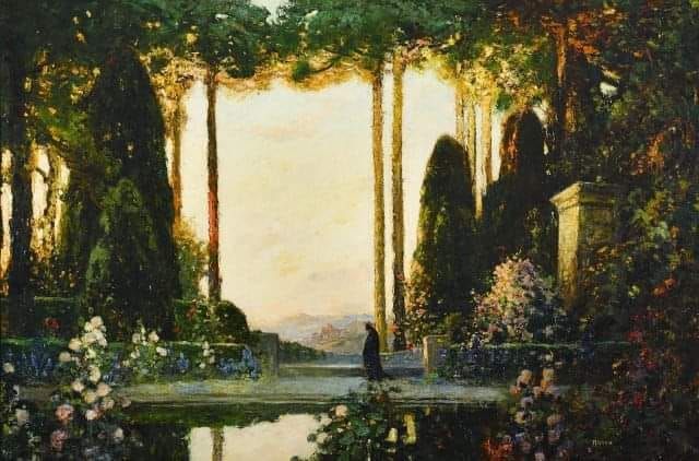 Art by Thomas Edwin Mostyn - a glade, in which a mirror-like pool lies ringed by flowers. On its far side, arch-like trees rise to a rooflike canopy framing a bright sky. Under the taller trees cypresses rise. To the right, some stone buildings hide among them.