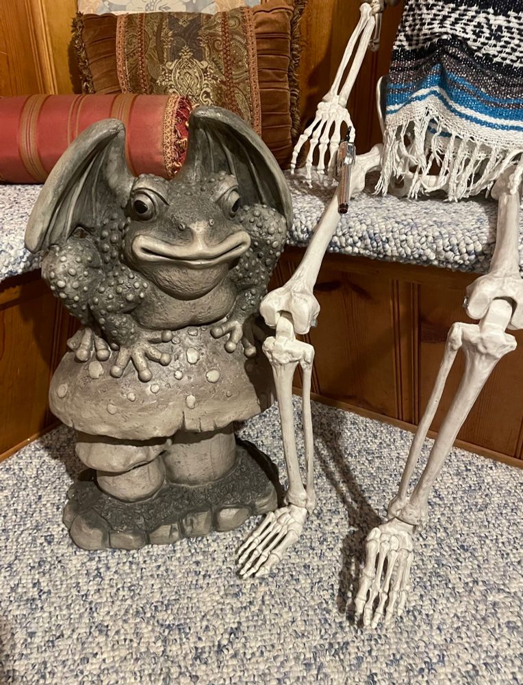 A large garden statue of a bat winged frog sitting on a toadstool, sat beside a life sized skeleton decoration 