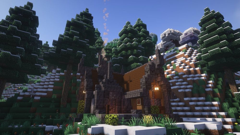 a minecraft build, showing a cabin in a snowy forest