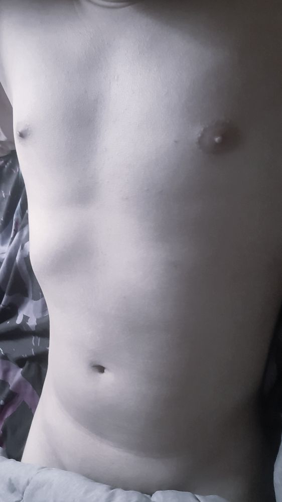 Me shirtless laying in bed. My entire smooth torso is visible, with a blanket covering the base of my penis but still showing my shaved pubic mound. 