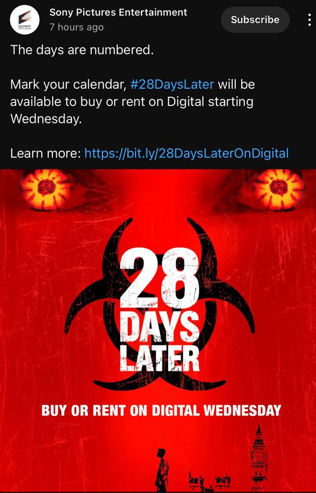 28 Days Later cover with two biohazard eyes over logo. 