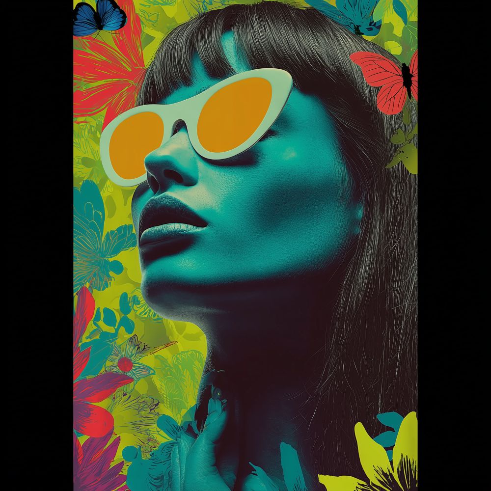 a colorful digital painting of the head and shoulders portrait of an ethereal, beautiful woman surrounded by flowers, butterflies, and tropical plants. on her face, the background is a bright green with neon yellow highlights. this vivid artwork has thick black outlines and bold colors. this surreal composition evokes wonder at its creativity, in the style of a vibrant, imaginative artist.