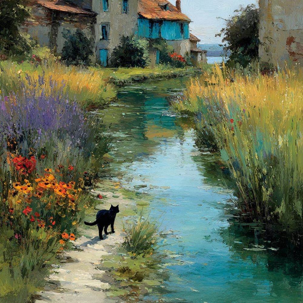 A black cat strolls gracefully overlooking  a shallow stream, its fur reflecting dappled sunlight as vibrant wildflowers in red, orange, and purple sway nearby, rendered in impressionistic brushstrokes with soft, diffused light and textured water ripples, framed by a lush meadow and quaint blue-roofed cottages under a serene pastel sky, evoking Monet’s tranquil plein-air charm.
