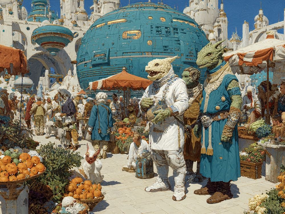 a colorful, detailed painting of an alien market on the desert planet with a space station in the background, in the style of james c. christensen and craig mullins. the vibrant colors and sharp details bring the scene to life. the aliens wear made from crystals, and their faces have intricate patterns. they stand around stalls selling fruits, flowers, jewelry, and futuristic gadgets. in one corner, there are also some exotic animals. there's an empty area where people gather to meditate or dance. the overall atmosphere feels peaceful and harmonious.