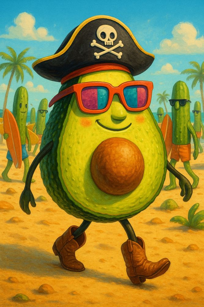 A vibrant, colorful 3D-rendered anthropomorphic avocado character wearing stylish warhol sunglasses and brown cowboy boots , a pirate hat, walking confidently through a lively beach crowd of various baby dragons, on a sandy ground, sunny summer atmosphere, whimsical and playful style, detailed texture on the avocado's skin, high-quality digital art